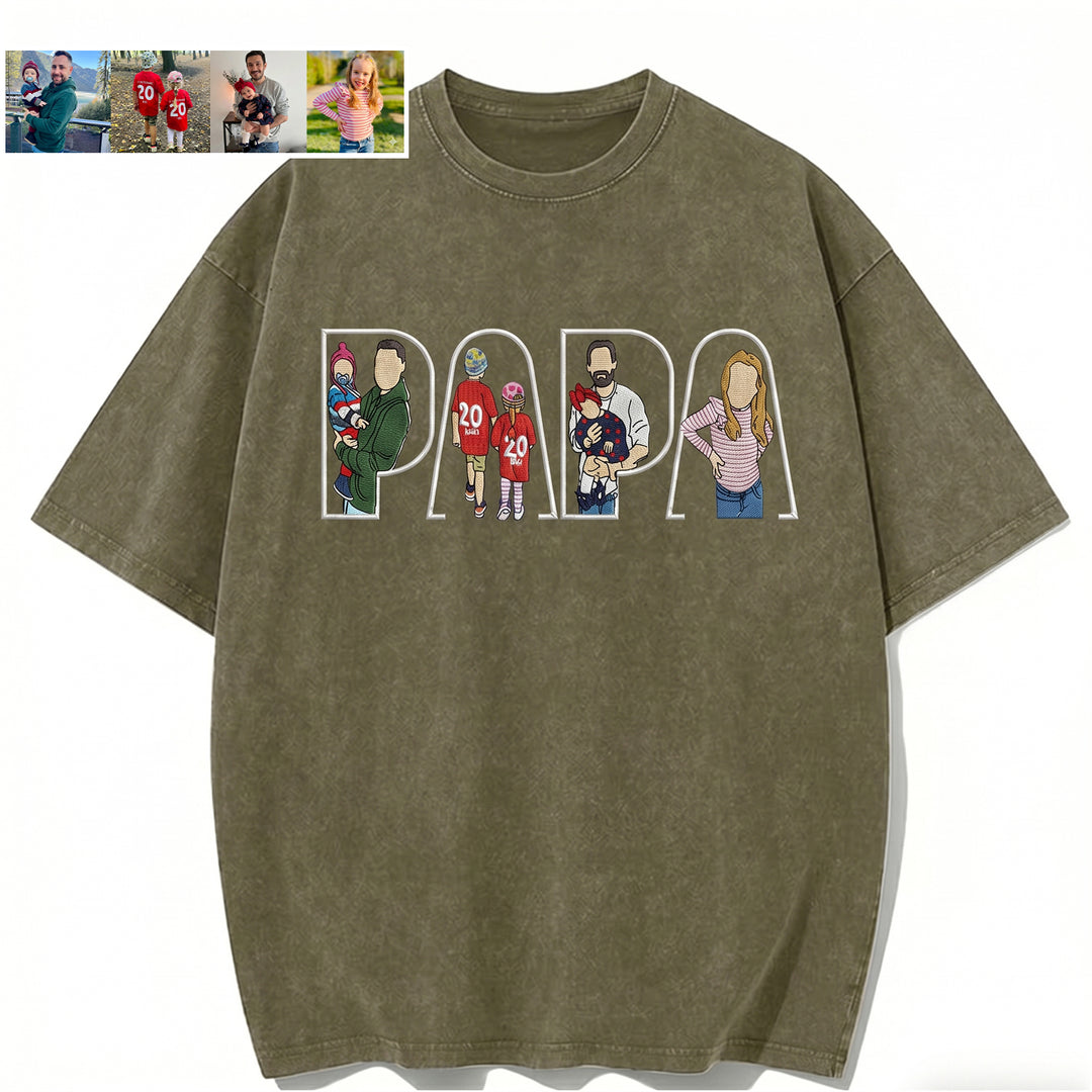 T-shirt lavé brodé avec photo personnalisée — Cadeau pour la fête des pères