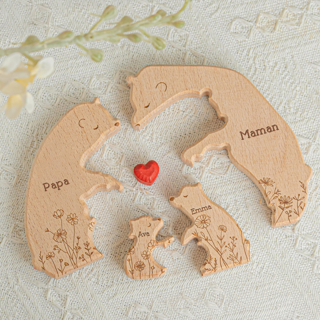 Édition florale de la famille d'ours - Puzzle personnalisé en bois de la famille d'ours