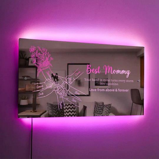 Miroir lumineux personnalisé avec les mains de maman et des enfants — Cadeau pour la fête des Mères