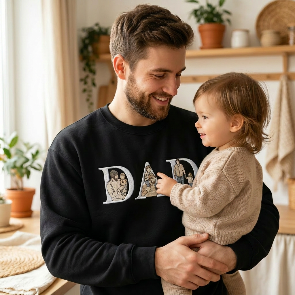 Sweat-shirt personnalisé brodé avec portraits pour papa