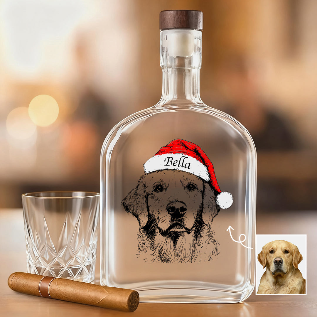 Bouteille de whisky de Noël personnalisée avec portrait d'animal de compagnie