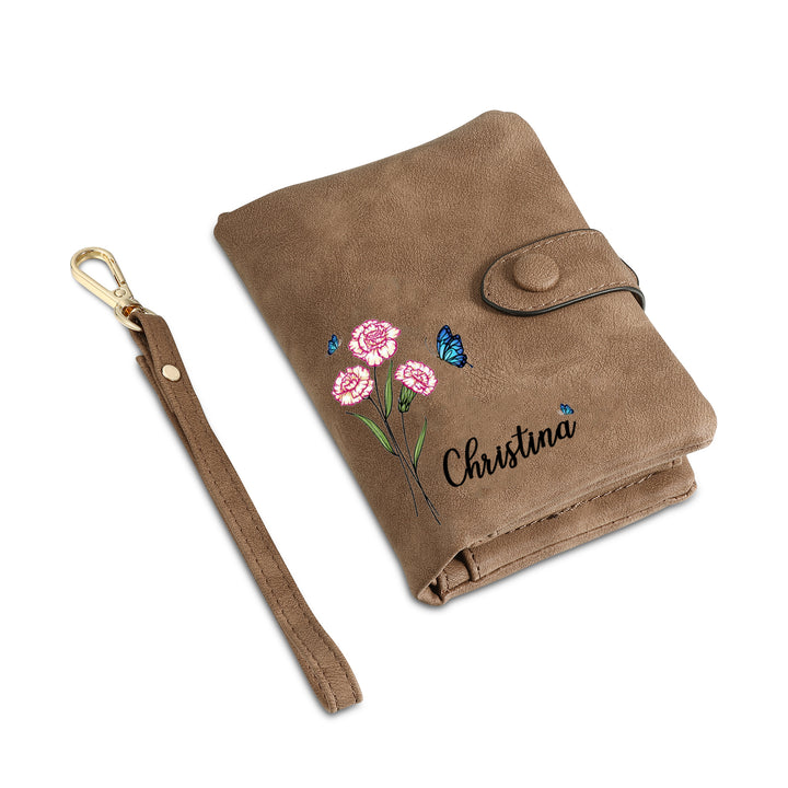 Portefeuille Fleur de naissance 1 Prénom et Photo Personnalisés Porte-Monnaie Carte pour Femmes
