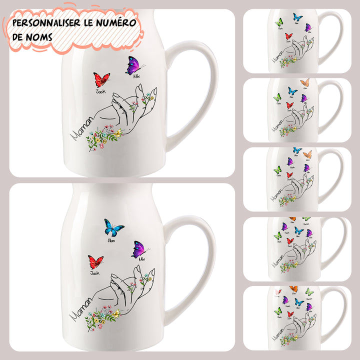 Vase à Fleurs Mains et Papillons 2-8 Prénoms Personnalisés avec Texte