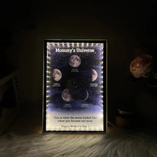 L'univers de maman/papa - Miroir lumineux personnalisé avec phases de lune étoilées