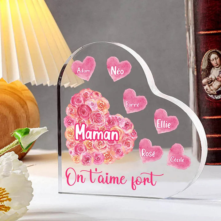 À ma Maman/Mamie - Plaque Acrylique en forme de Cœur Rose 1-10 Prénoms