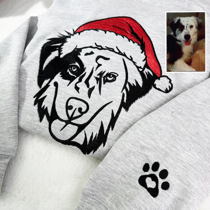 Sweat à capuche ou sweat-shirt brodé personnalisé avec le visage de votre animal de compagnie et un bonnet de Père Noël coloré, cadeau de Noël ou de deuil