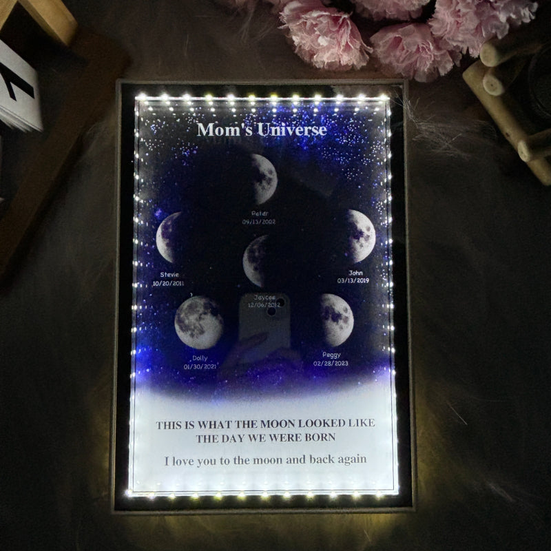 L'univers de maman/papa - Miroir lumineux personnalisé avec phases de lune étoilées