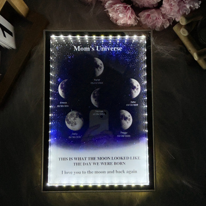 L'univers de maman/papa - Miroir lumineux personnalisé avec phases de lune étoilées
