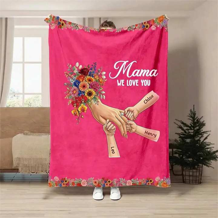 Plaid couverture personnalisée Maman mains entrelacées avec prénoms et fleurs
