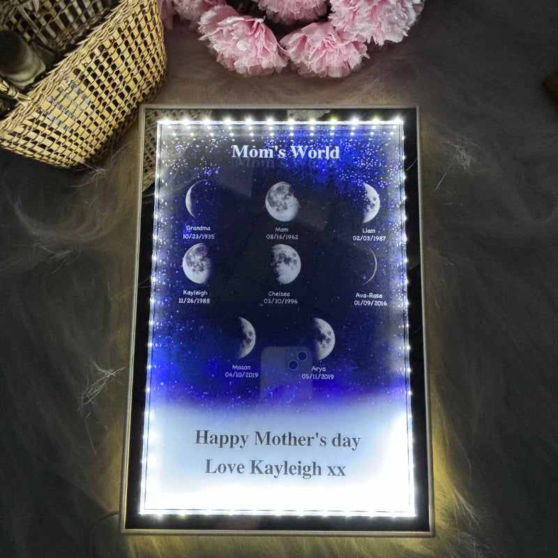 L'univers de maman/papa - Miroir lumineux personnalisé avec phases de lune étoilées