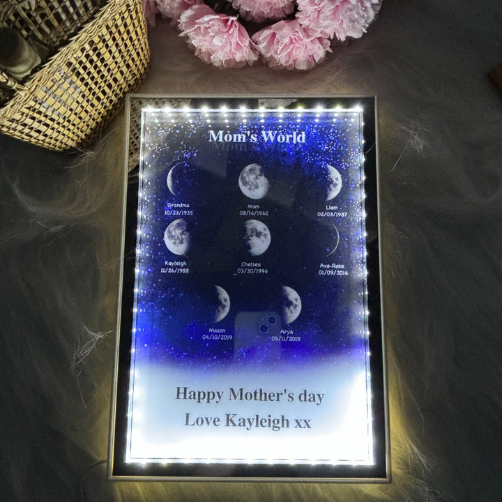 L'univers de maman/papa - Miroir lumineux personnalisé avec phases de lune étoilées