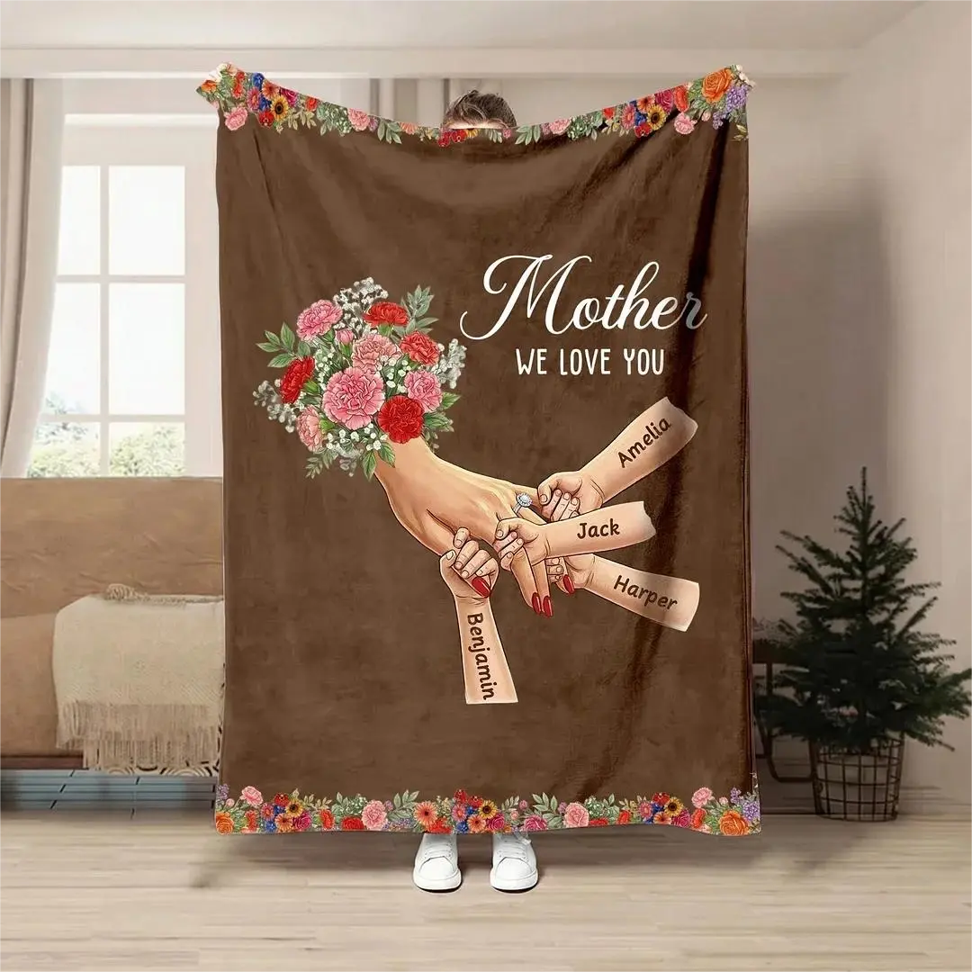 Plaid couverture personnalisée Maman mains entrelacées avec prénoms et fleurs