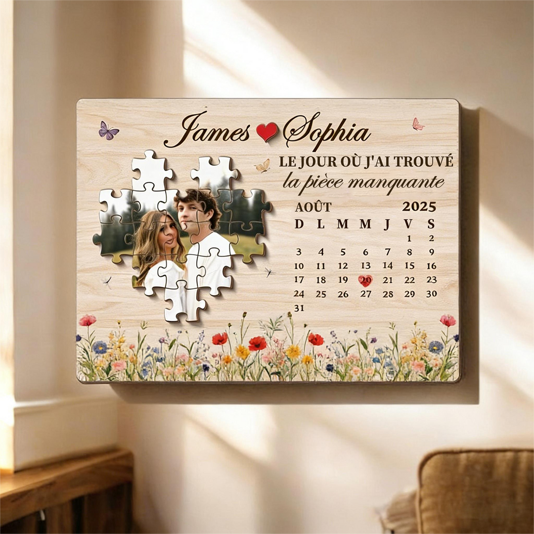 Puzzle personnalisé pour couple « Le jour où j'ai trouvé ma pièce manquante » avec plaque date personnalisée, cadeau d'anniversaire pour elle