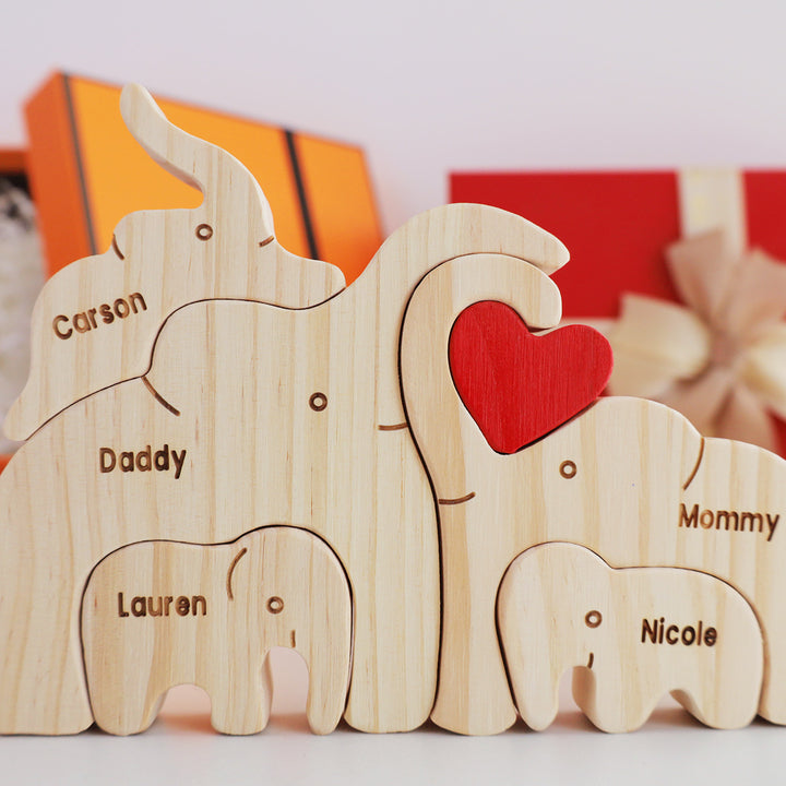 2-10 Prénoms🐘Puzzle famille éléphants en bois