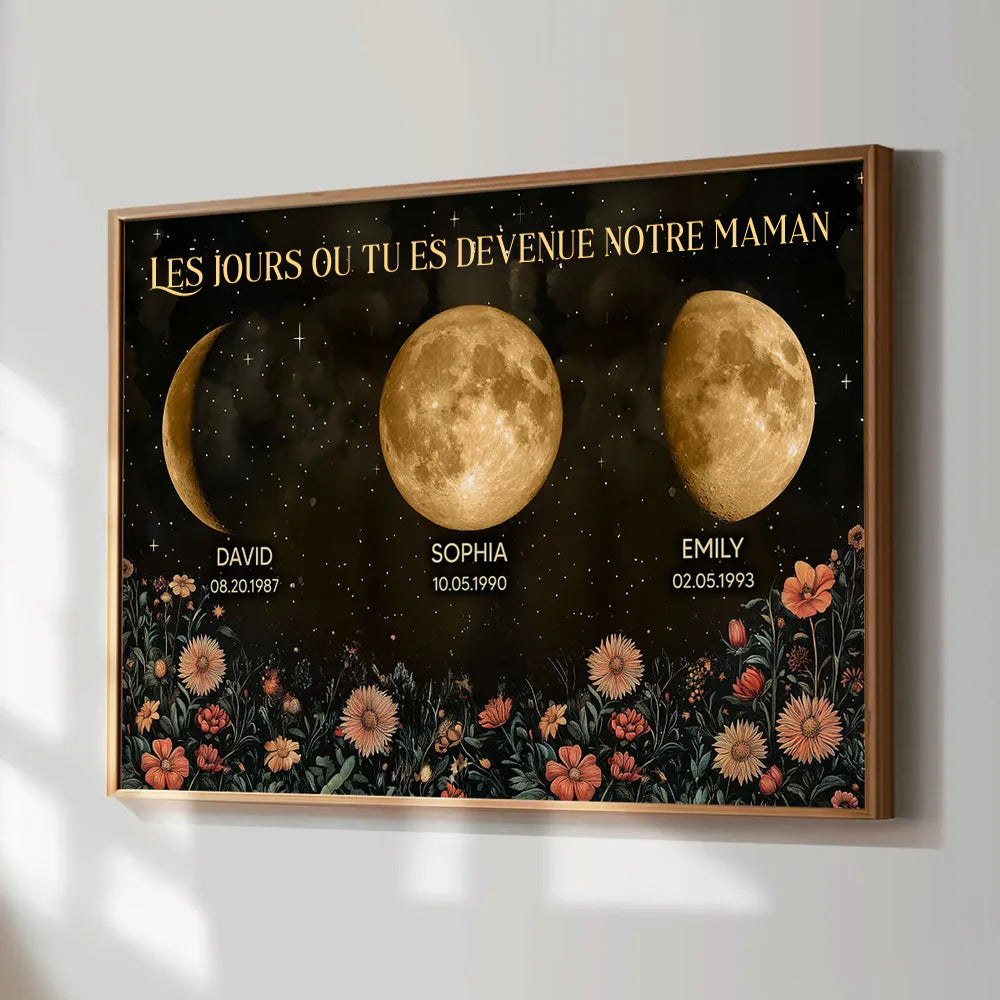 Affiche personnalisée avec phases de lune et fleurs vintage, cadeau sincère pour la fête des Mères 2025