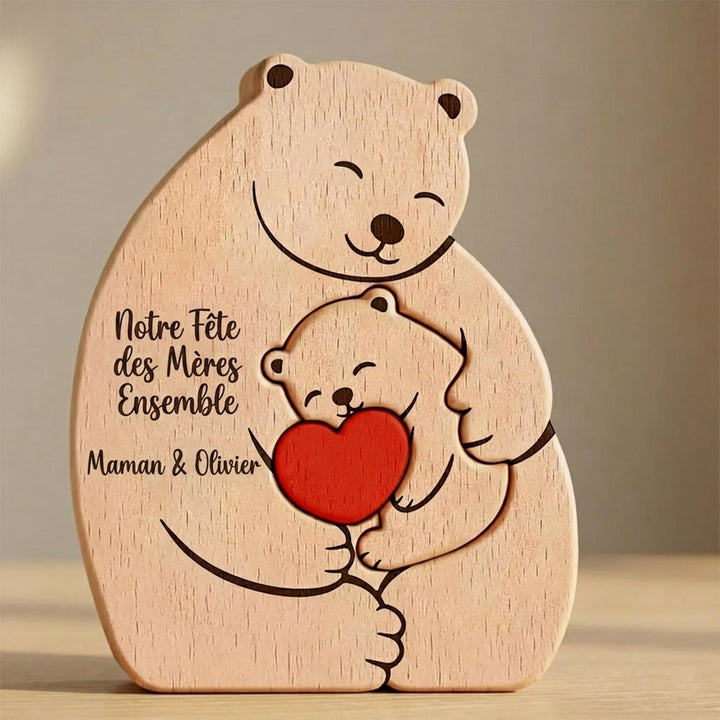 Puzzle en bois personnalisé « Maman Ours et Bébé » – Cadeau sur mesure pour jeune maman