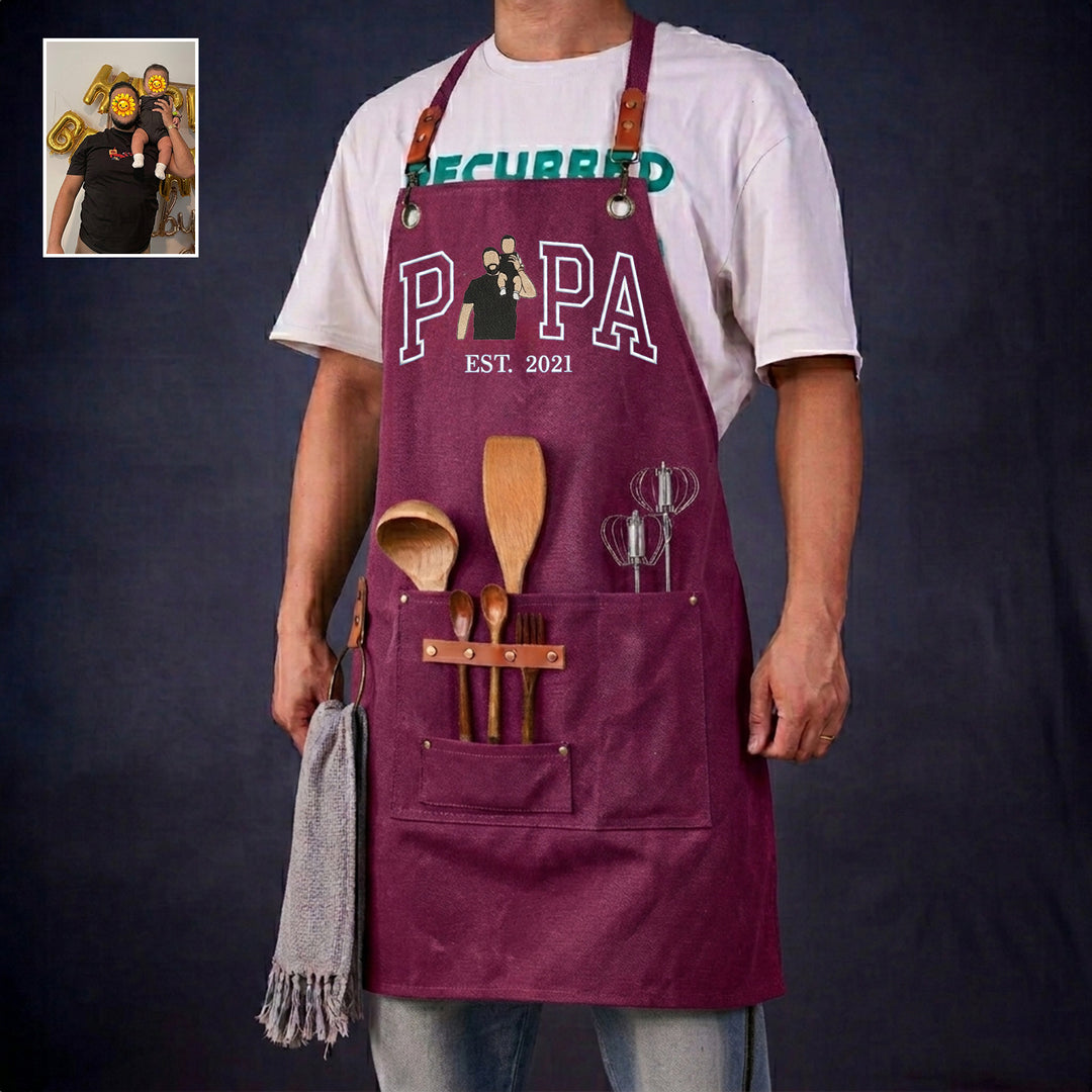 Tablier de barbecue en toile cirée brodée d'un portrait, cadeau pour papa