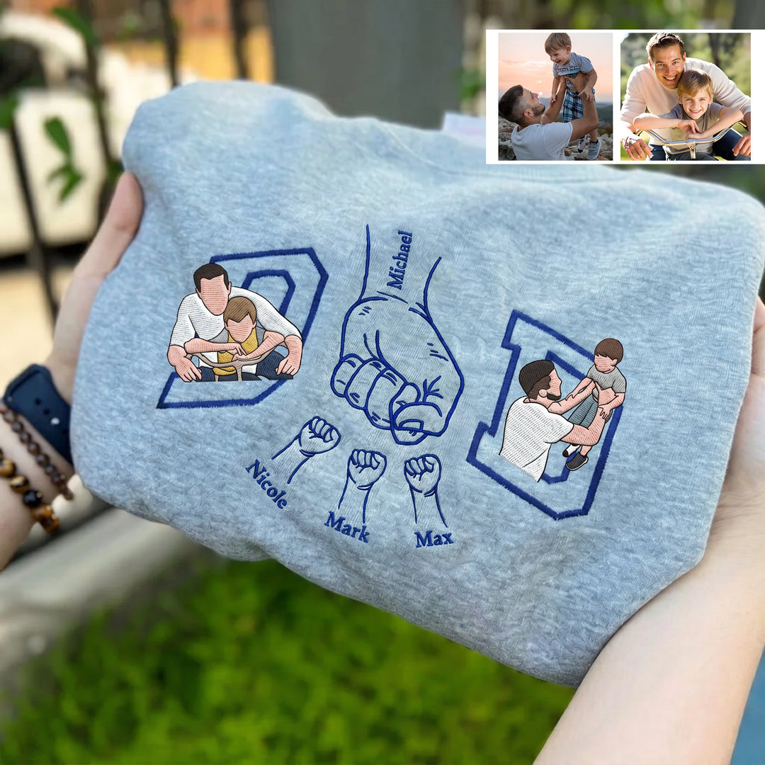 Photos brodées en couleur sur T-shirts et sweats – le cadeau idéal pour Papa