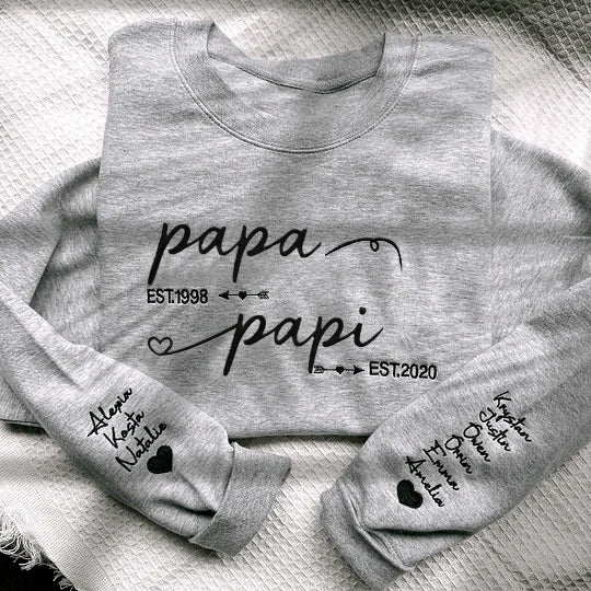 Sweat-shirt brodé personnalisé « De maman à grand-mère / De papa à grand-père » avec les noms des enfants sur les manches