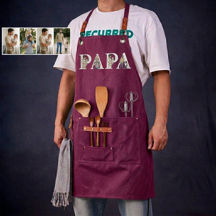 Tablier de barbecue en toile cirée brodée d'un portrait, spécialement conçu pour papa