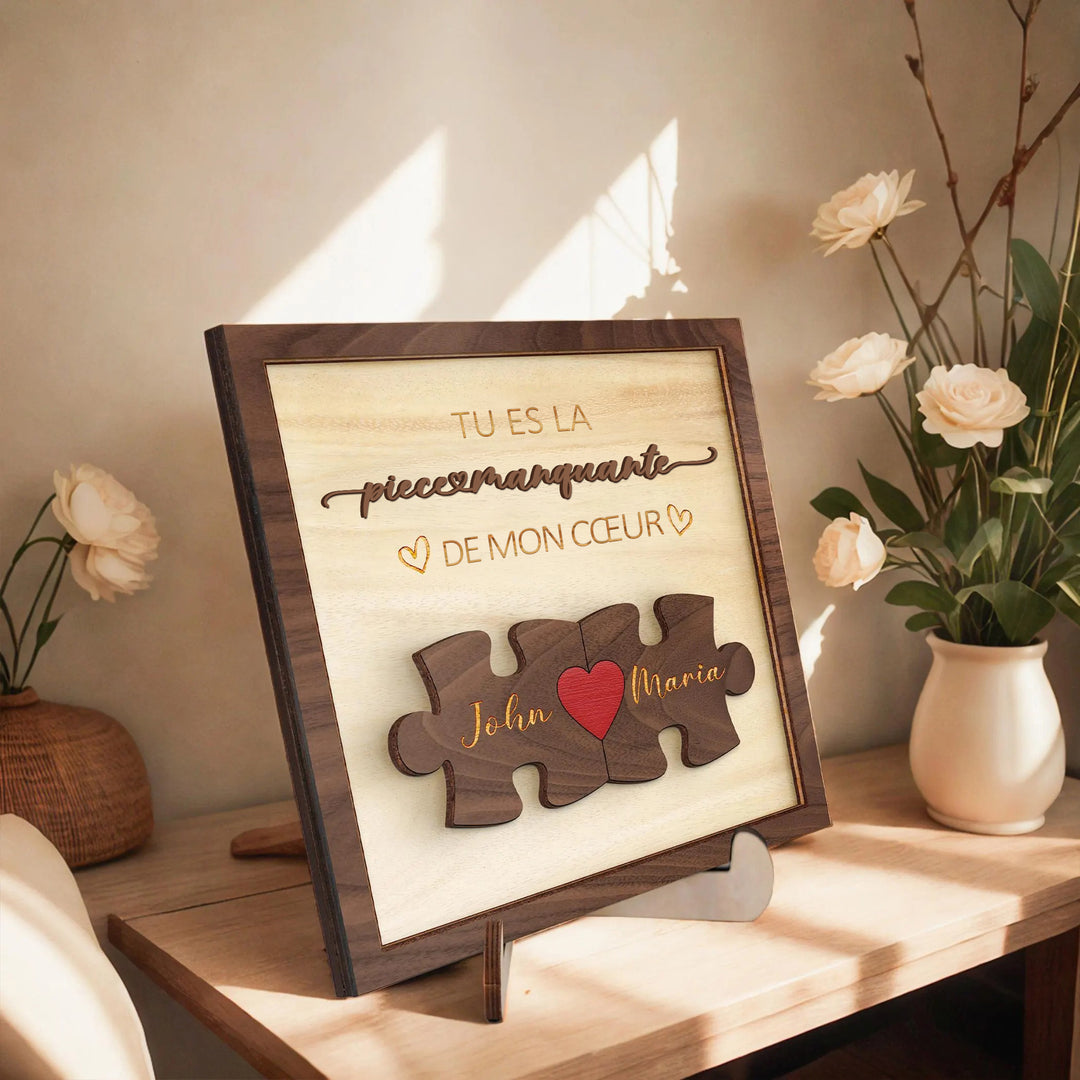 Panneau en bois personnalisé pour couple.,Tu es la pièce manquante de mon cœur,Cadeau avec prénoms gravés