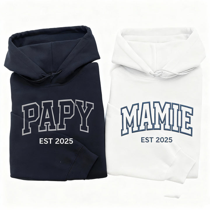 Sweat-shirt ou sweat à capuche brodé PAPA/MAMAN, nom de l'enfant sur la manche, cadeau pour les parents