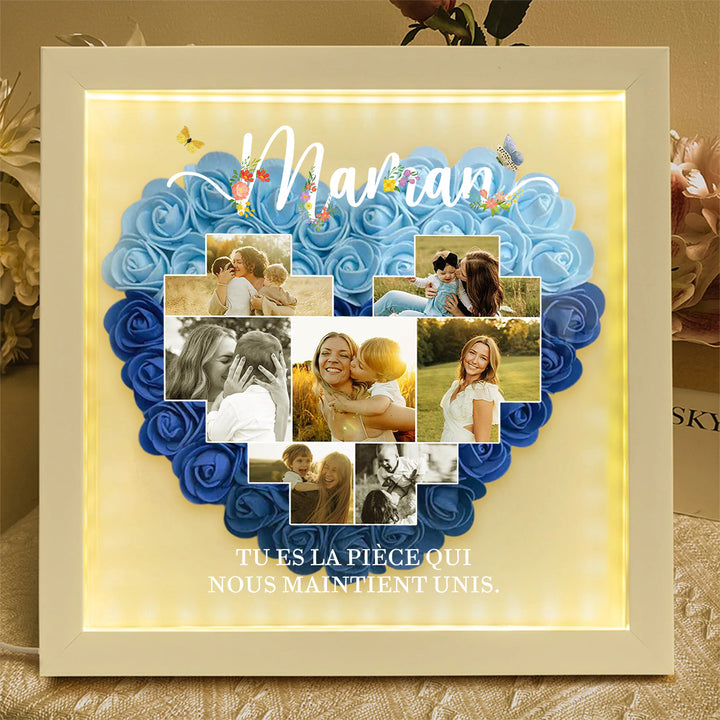 Boîte d’ombre cœur en roses personnalisée avec photos – Cadre souvenir familial