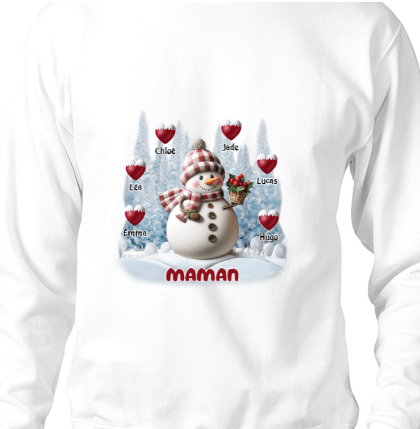 Sweat-shirt personnalisé Joyeux Noël Bonhomme de neige Grand-mère Maman Doux Cœur Enfants