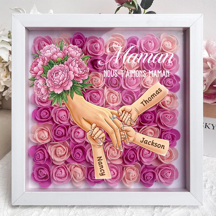 Boîte d’ombre cœur floral personnalisée Maman mains avec prénoms enfants et bague manicure