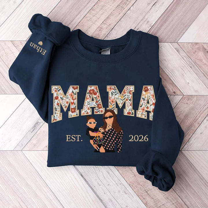 Sweat-shirt personnalisé brodé de motifs floraux avec portrait pour maman