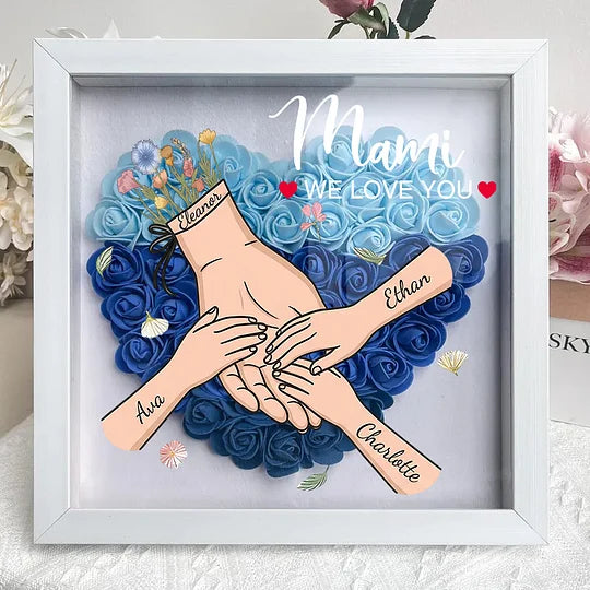 Éclosion d'amour – Cadre-vitrine floral personnalisé « Main dans la main » avec prénoms, pour Maman et Mamie