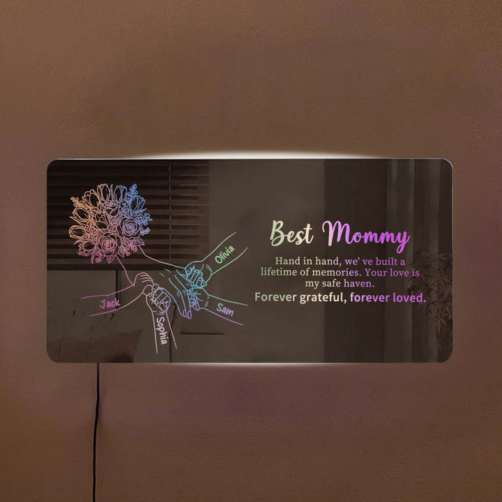 Miroir lumineux personnalisé avec empreintes de mains d'enfants — Cadeau pour la fête des Mères
