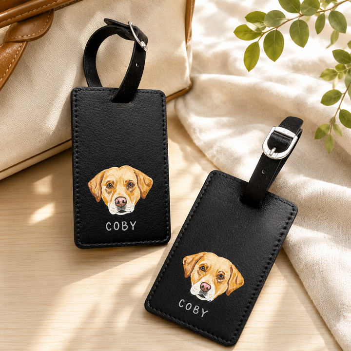 Étiquette de bagage en cuir personnalisée avec portrait de votre animal