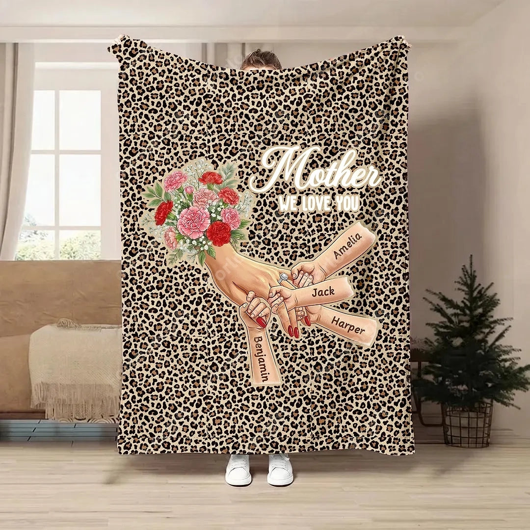 Plaid couverture personnalisée Maman mains entrelacées avec prénoms et fleurs