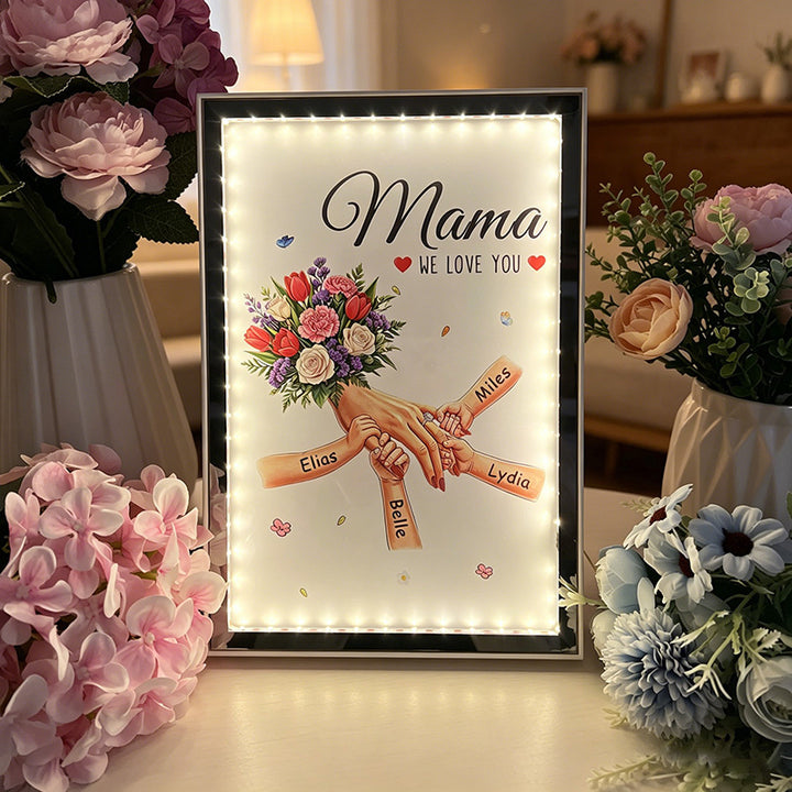 Boîte lumineuse miroir fleurie personnalisée maman et enfants se tenant la main