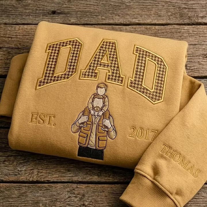 Sweat-shirt personnalisé avec appliqué brodé représentant le portrait d'un papa – Cadeau de fête des Pères