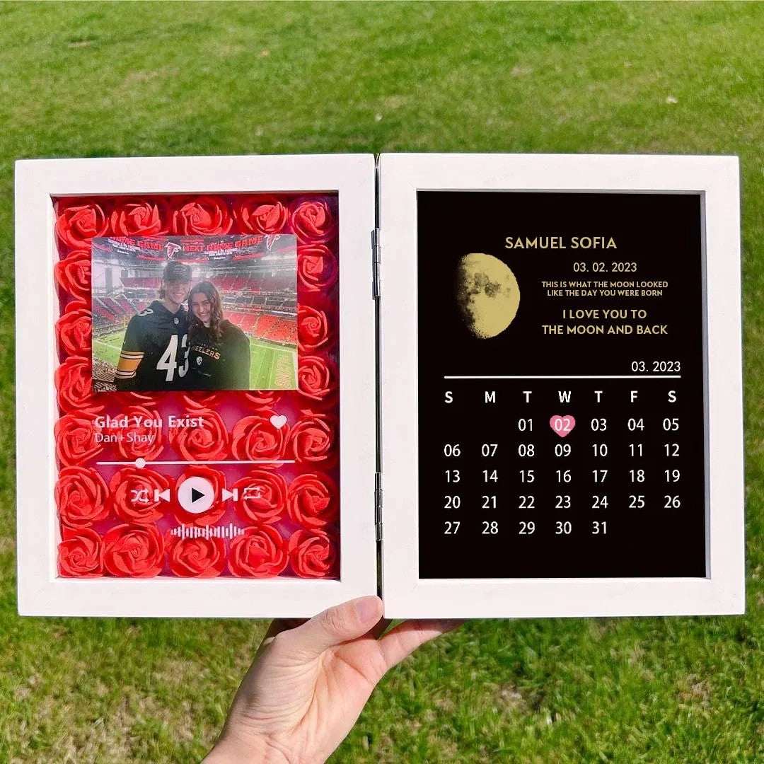 Cadre de fleurs personnalisé avec calendrier d'anniversaire de VRAIES PHASE DE LUNE
