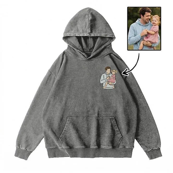Sweat-shirt, sweat à capuche et T-shirt personnalisés et brodés avec portrait de papa — Effet délavé