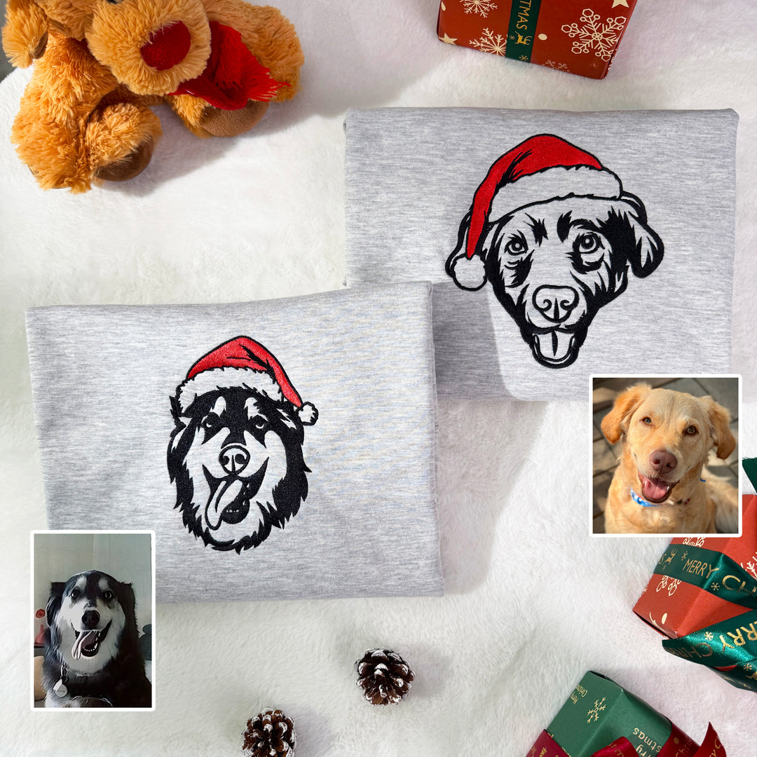 Sweat à capuche ou sweat-shirt brodé personnalisé avec le visage de votre animal de compagnie et un bonnet de Père Noël coloré, cadeau de Noël ou de deuil