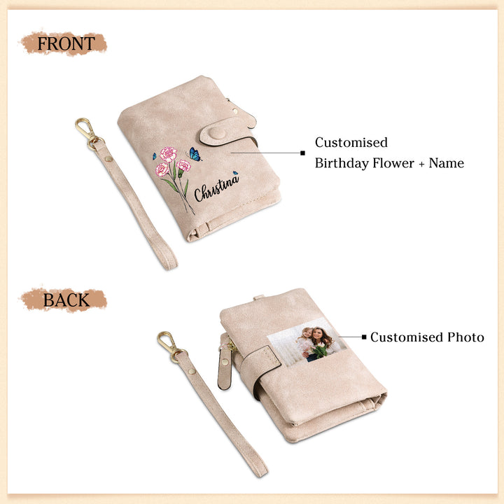 Portefeuille Fleur de naissance 1 Prénom et Photo Personnalisés Porte-Monnaie Carte pour Femmes