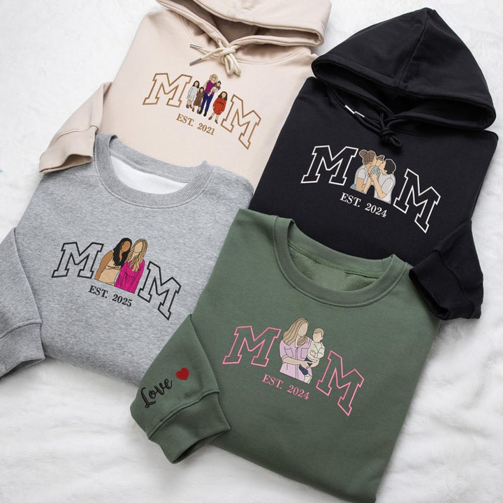 MAM Sweat à capuche personnalisé brodé avec portrait de maman et d'enfants