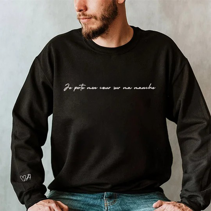 Sweat-shirt personnalisé brodé pour couple-Je Porte Mon Cœur Sur Ma Manche