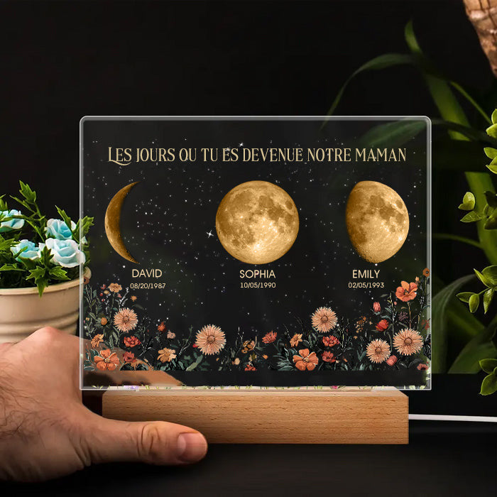Lumière LED personnalisée les jours où vous êtes devenu notre maman avec base en bois et phase de lune⭐️