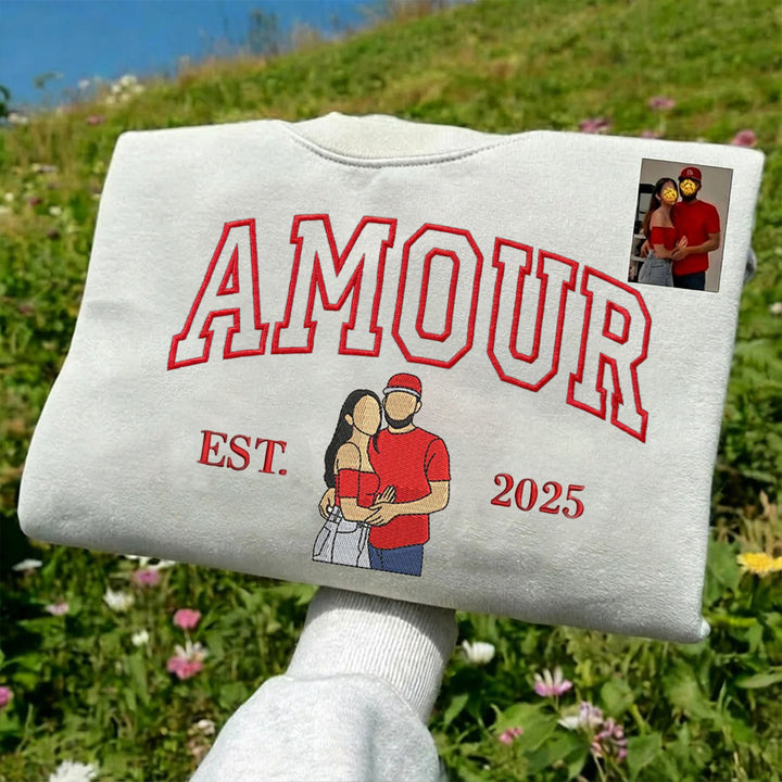 2025 Sweat-shirt personnalisé avec portrait brodé photo AMOUR