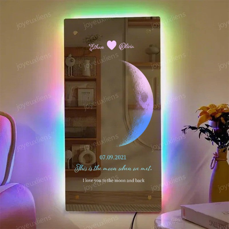 Miroir lumineux personnalisé pour couple avec phases de lune