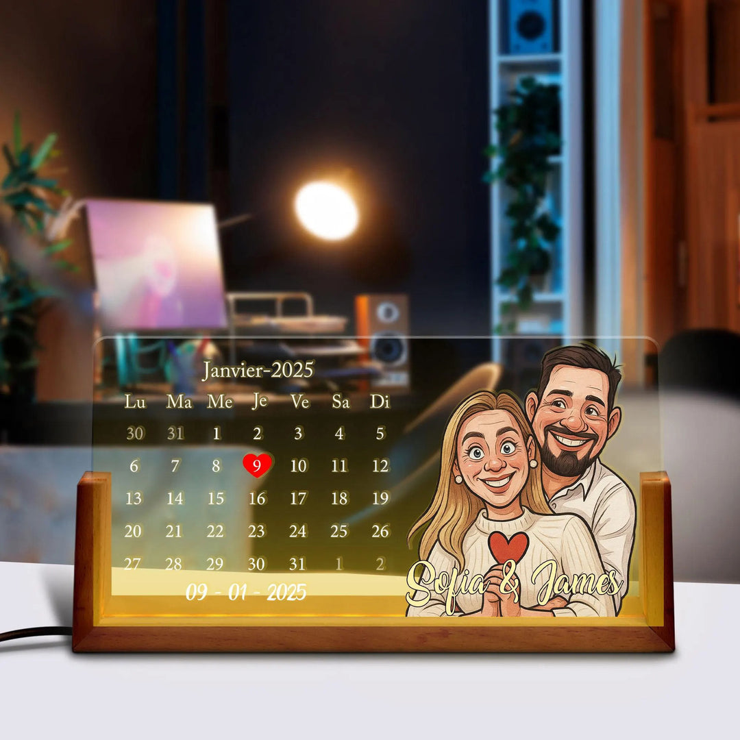 Lampe LED calendrier personnalisée avec portrait de couple, cadeau de Saint-Valentin