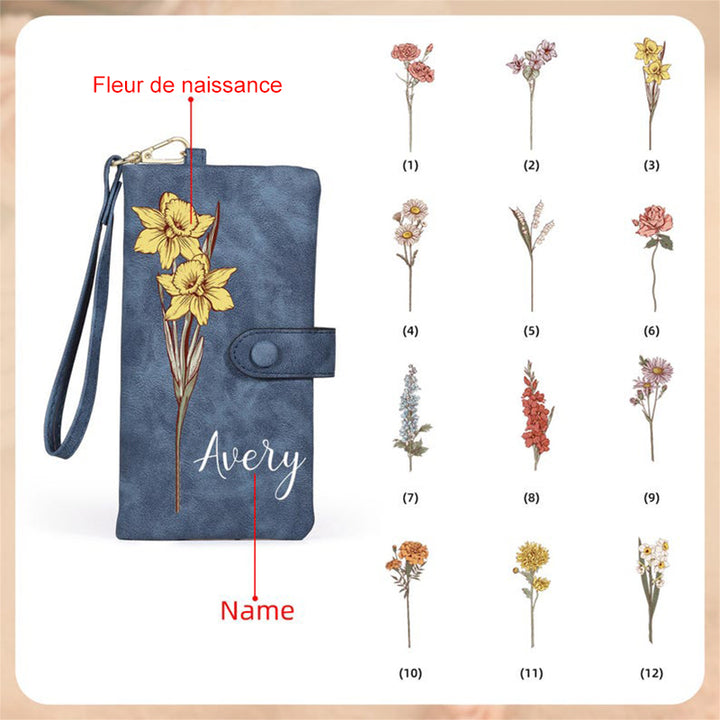 Portefeuille long en cuir personnalisé pour femme, porte-monnaie avec fleur et nom de naissance,  cadeau de fête des mères pour maman