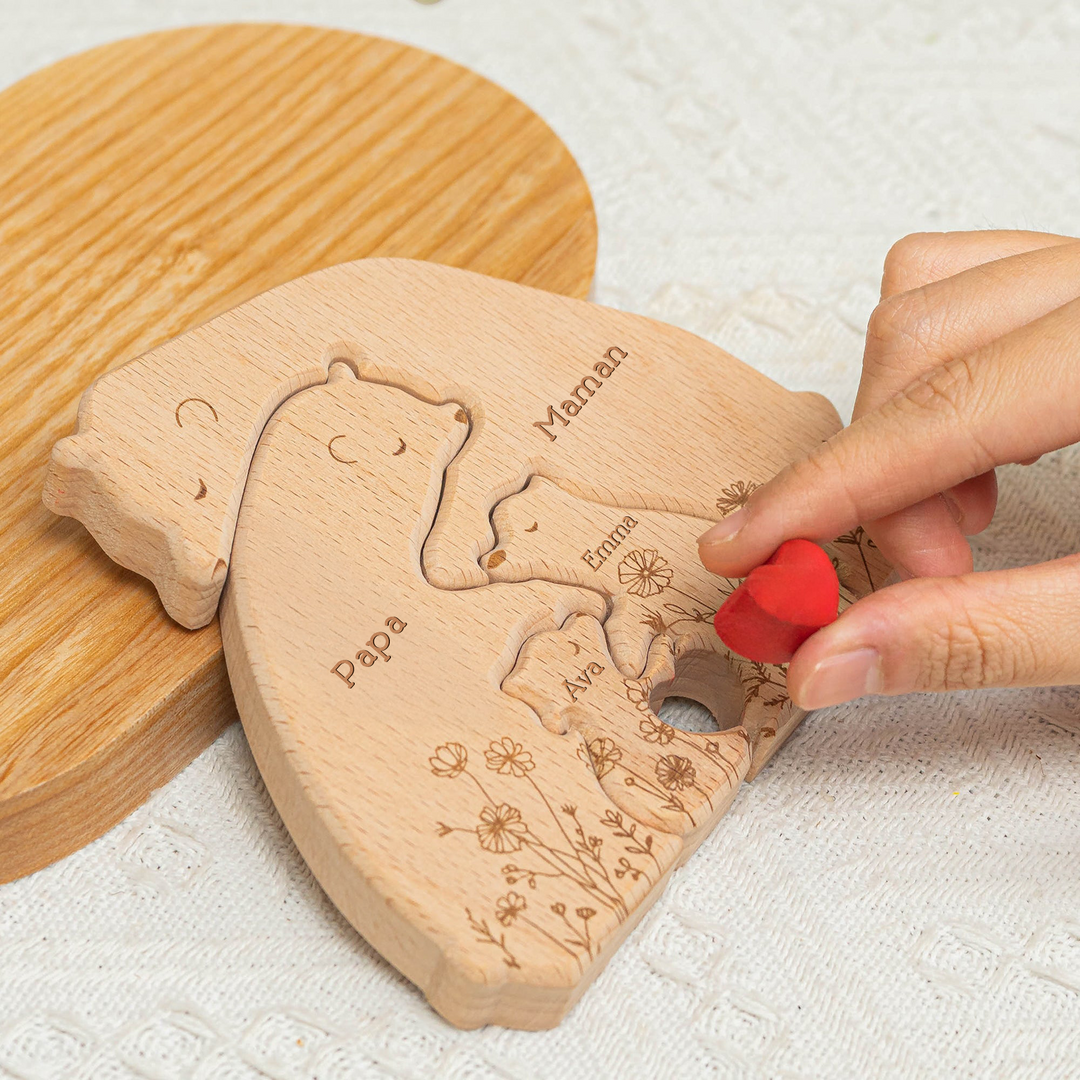 Édition florale de la famille d'ours - Puzzle personnalisé en bois de la famille d'ours
