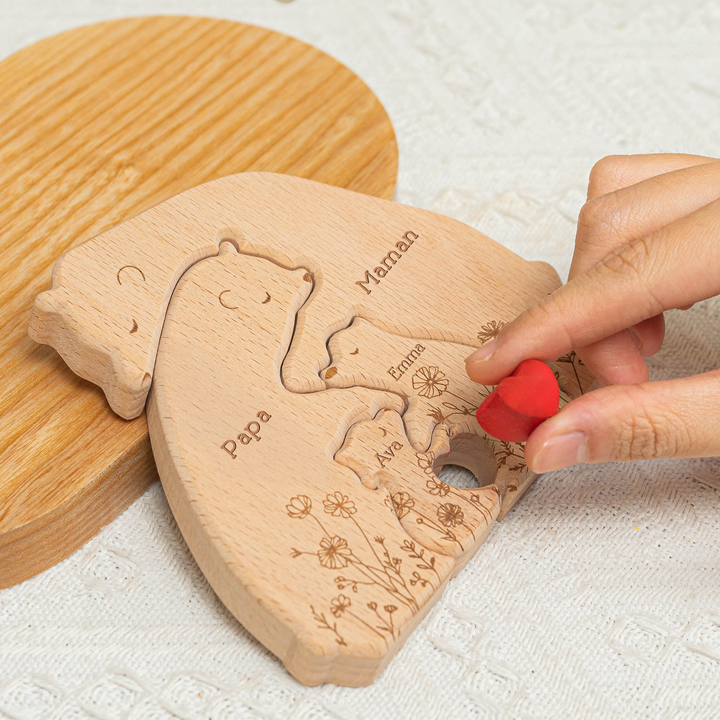 Édition florale de la famille d'ours - Puzzle personnalisé en bois de la famille d'ours