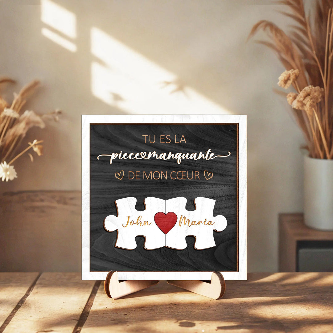 Panneau en bois personnalisé pour couple.,Tu es la pièce manquante de mon cœur,Cadeau avec prénoms gravés